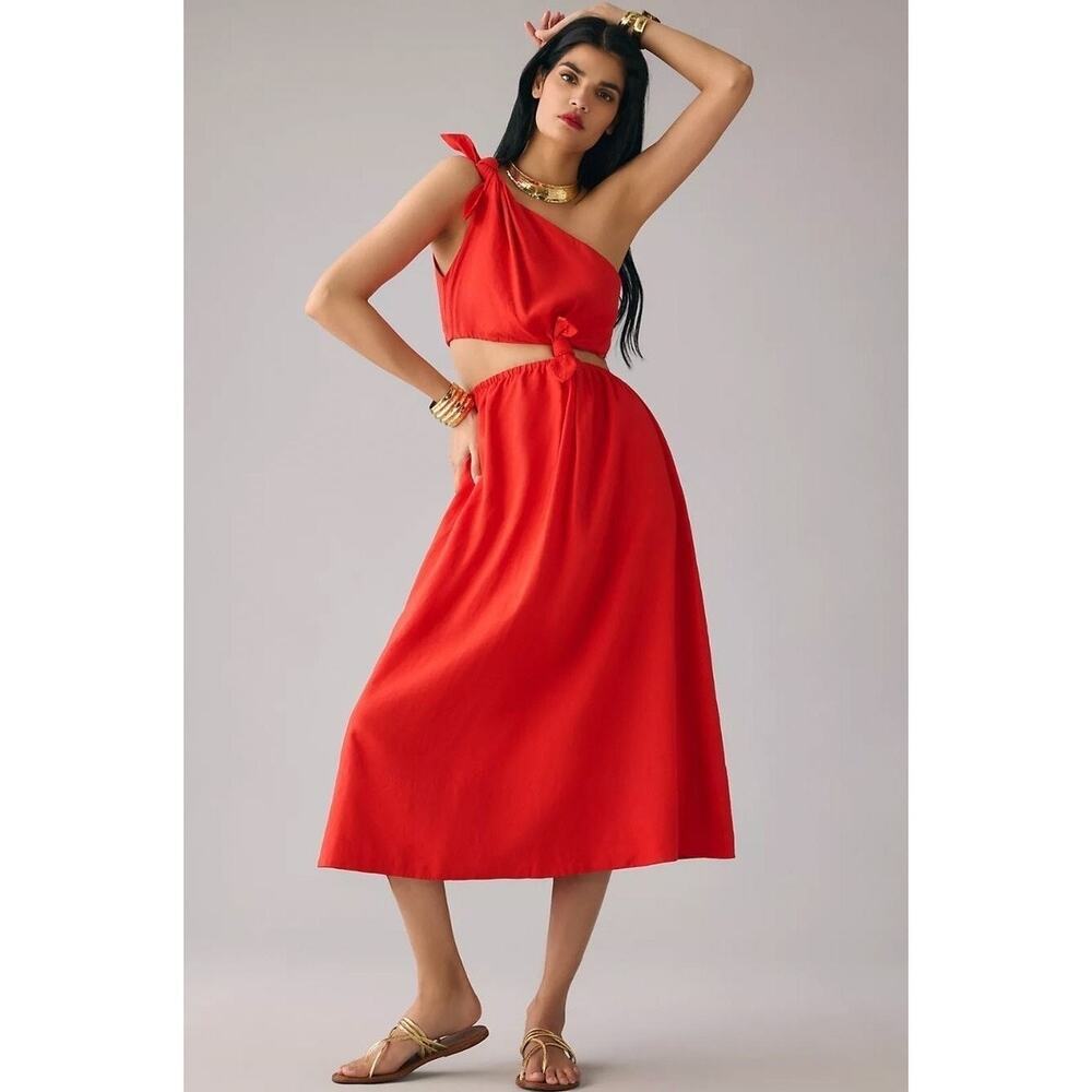 Farm Rio One-Shoulder Cutout Red Midi Knot Detail Linen Blend Dress size small